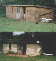 Redfield Community’s straw-bale sheep shed before and after lime rendering
