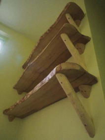 shelves made from a combination of rough-sawn timber and tree Branches;