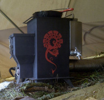 camping rocket stove (notice the flue pipe leaving the tent, and the little back boiler).