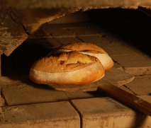 Baking white bloomers in a wood-fired oven White bloomers coming out of a wood-fired oven