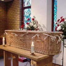 coffins can be made of a range of biodegradable materials, including FSC timber, cardboard, strengthened papier maché, or wicker
