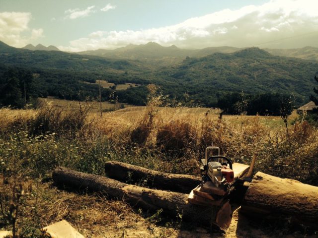 A mobile saw mill in rural Italy