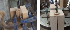 Drilling the ram's horn handle and the hazel stick