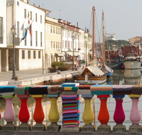 Knitting on display in a 'yarn-bomb' on a bridge Knitting on display in a 'yarn-bomb' on a bridge