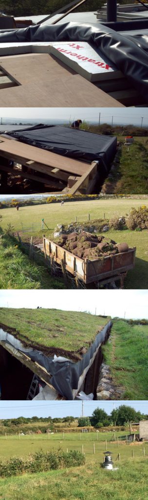 Different stages of a self-build earth-sheltered house project roof